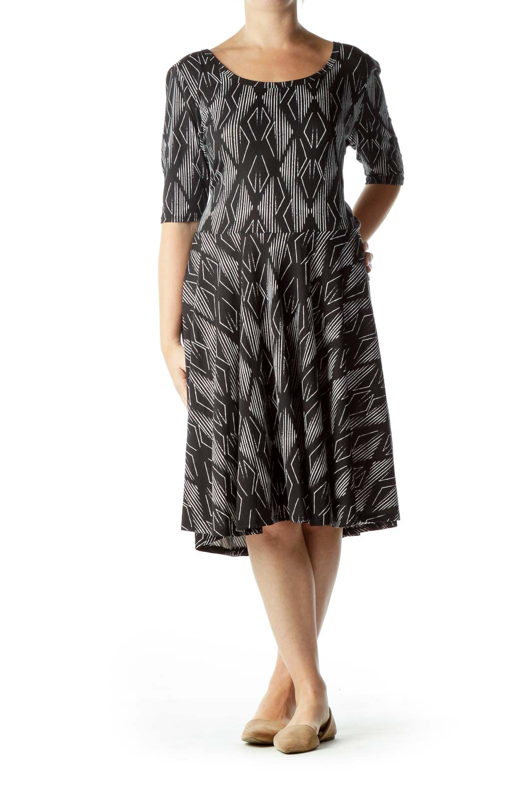 Black White Printed Round Neck Jersey Dress