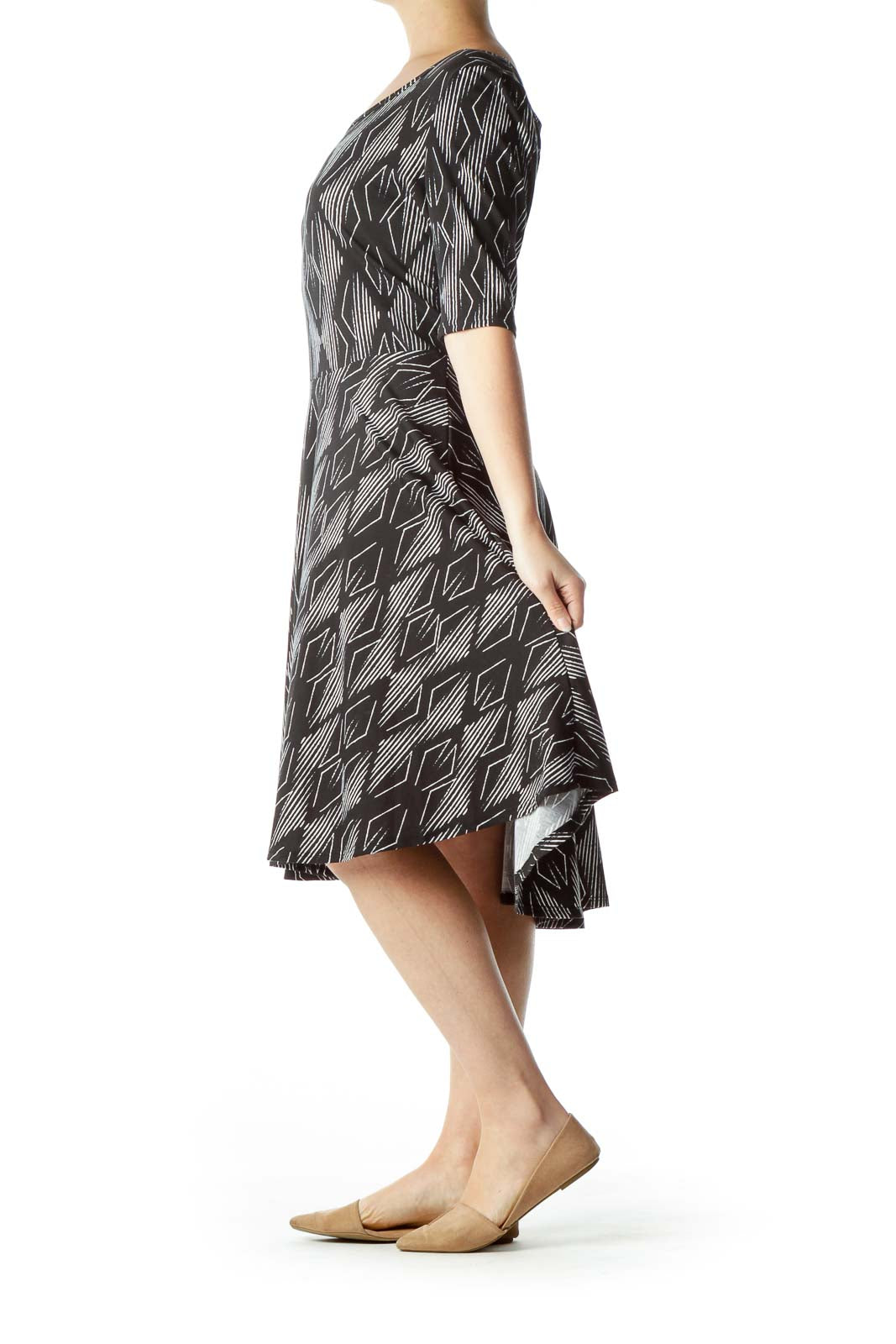 Black White Printed Round Neck Jersey Dress