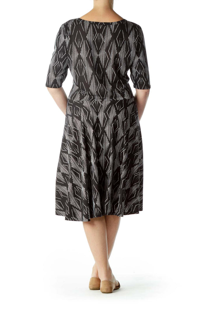 Black White Printed Round Neck Jersey Dress