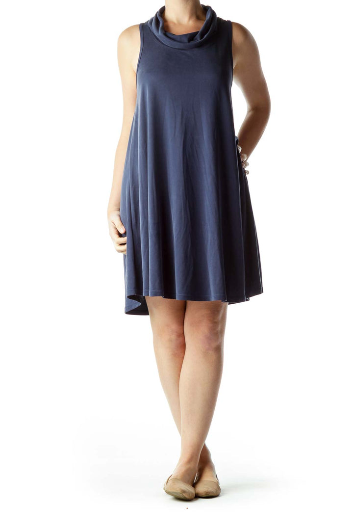 Blue Cowl Neck Shift Dress