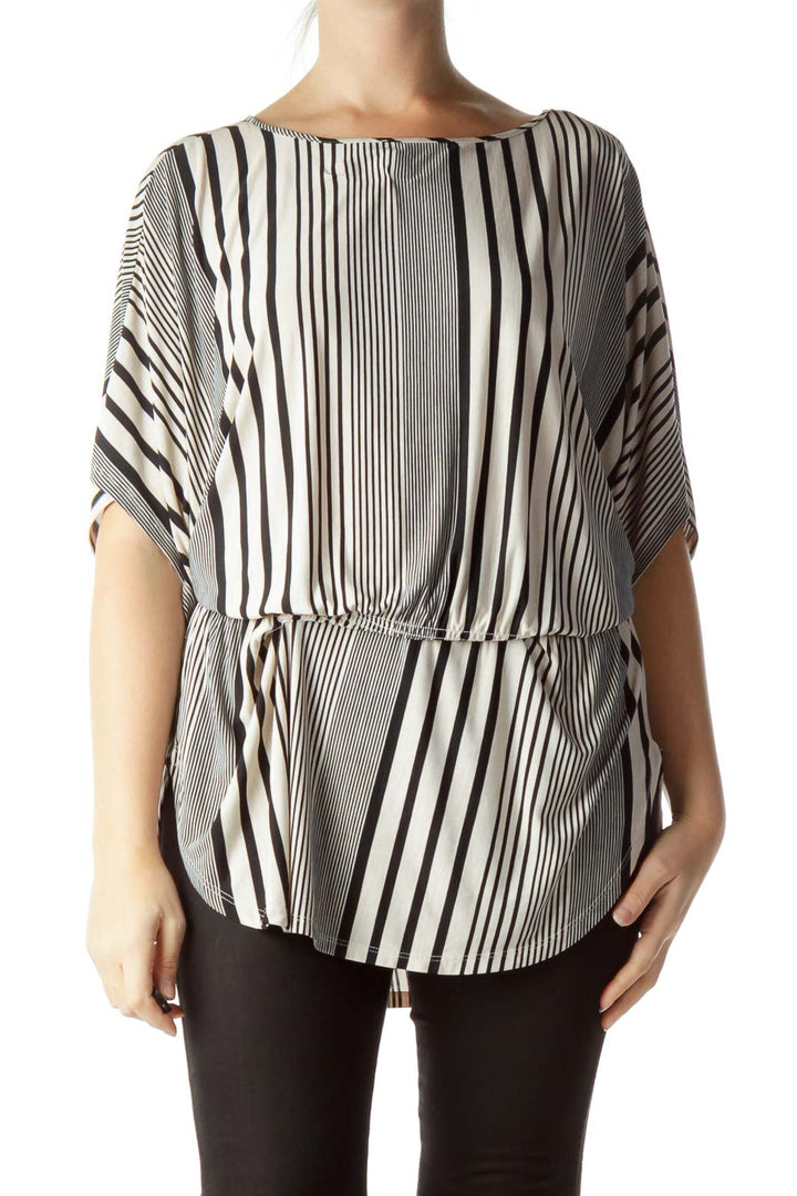 Beige Black Pinstripe Scrunched Tunic