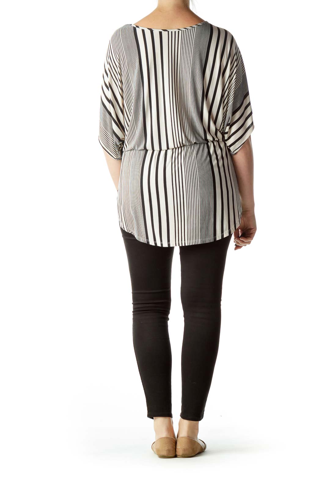 Beige Black Pinstripe Scrunched Tunic