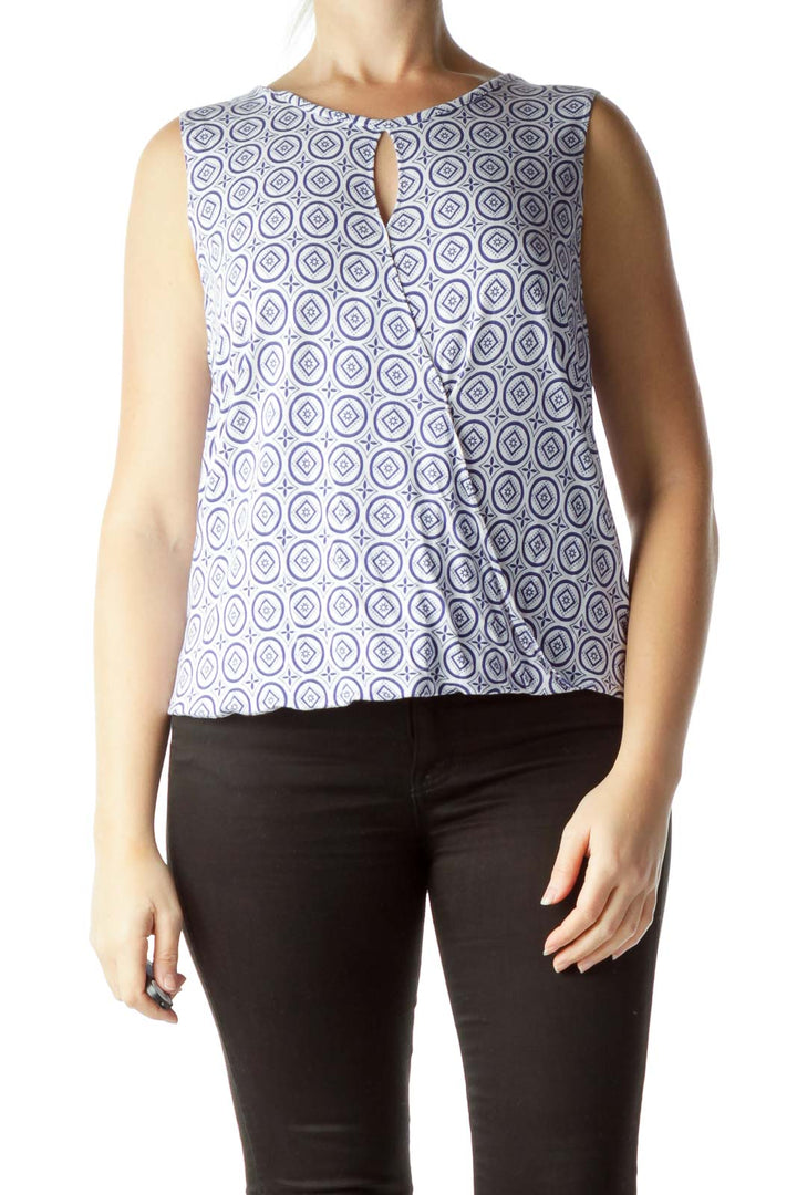 Blue White Print Front Cut-Out Blouse