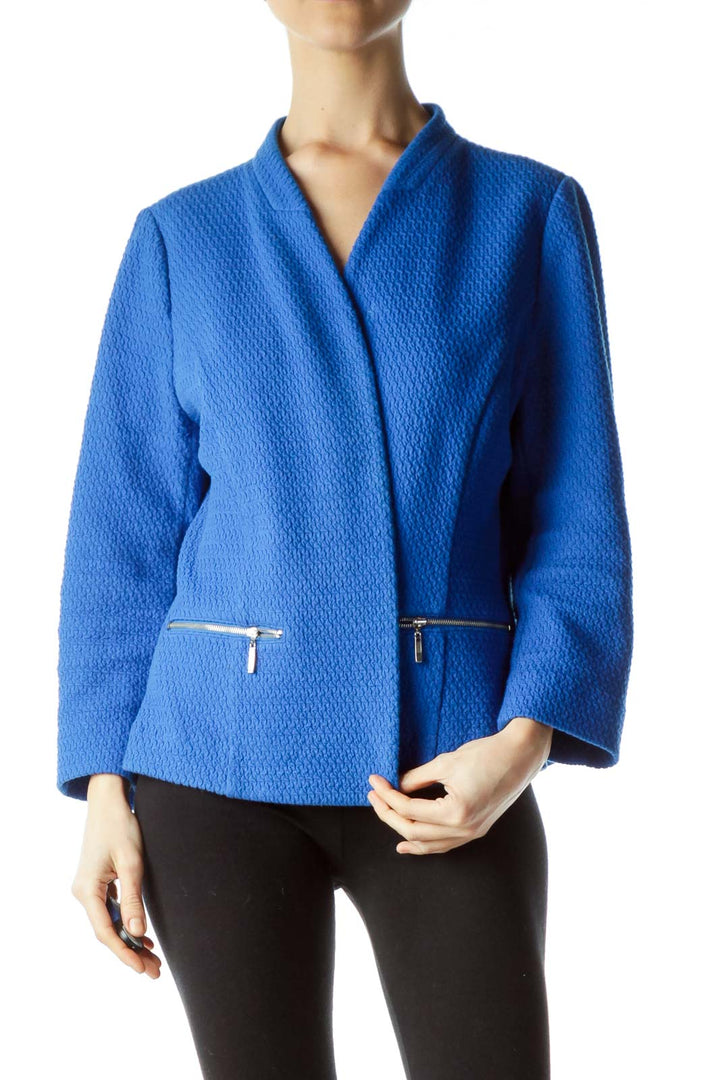 Blue Textured Open Front Jacket