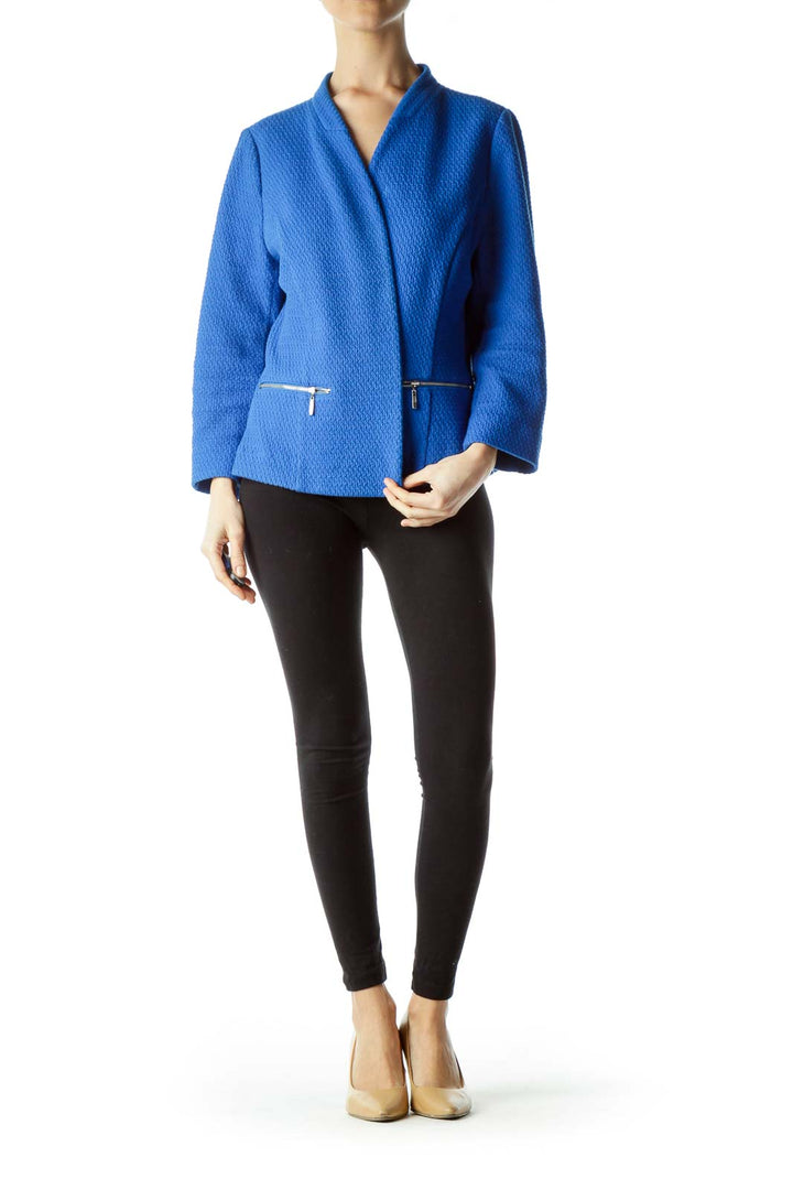 Blue Textured Open Front Jacket