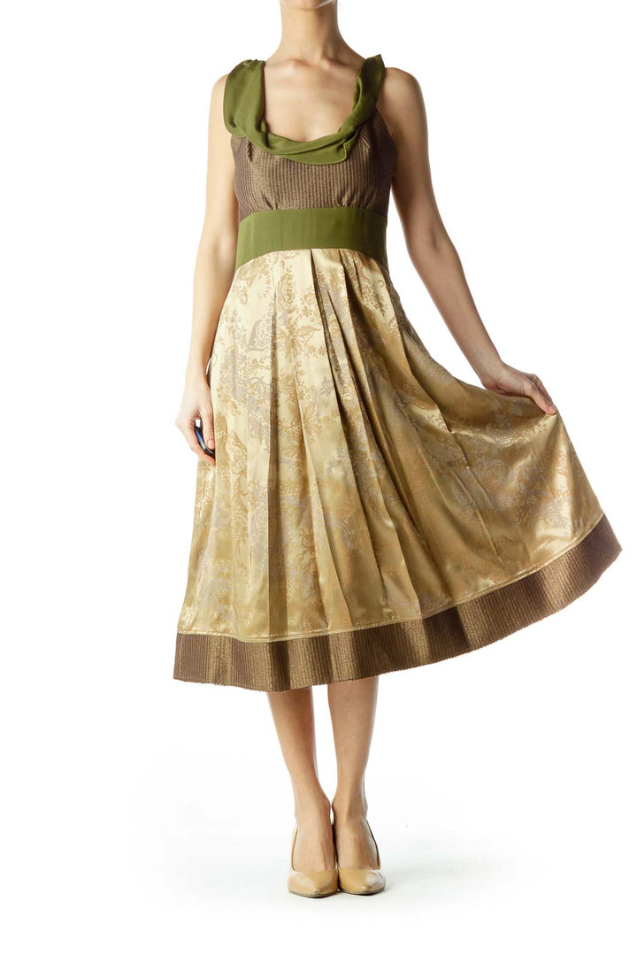 Gold Green Silk Print Dress