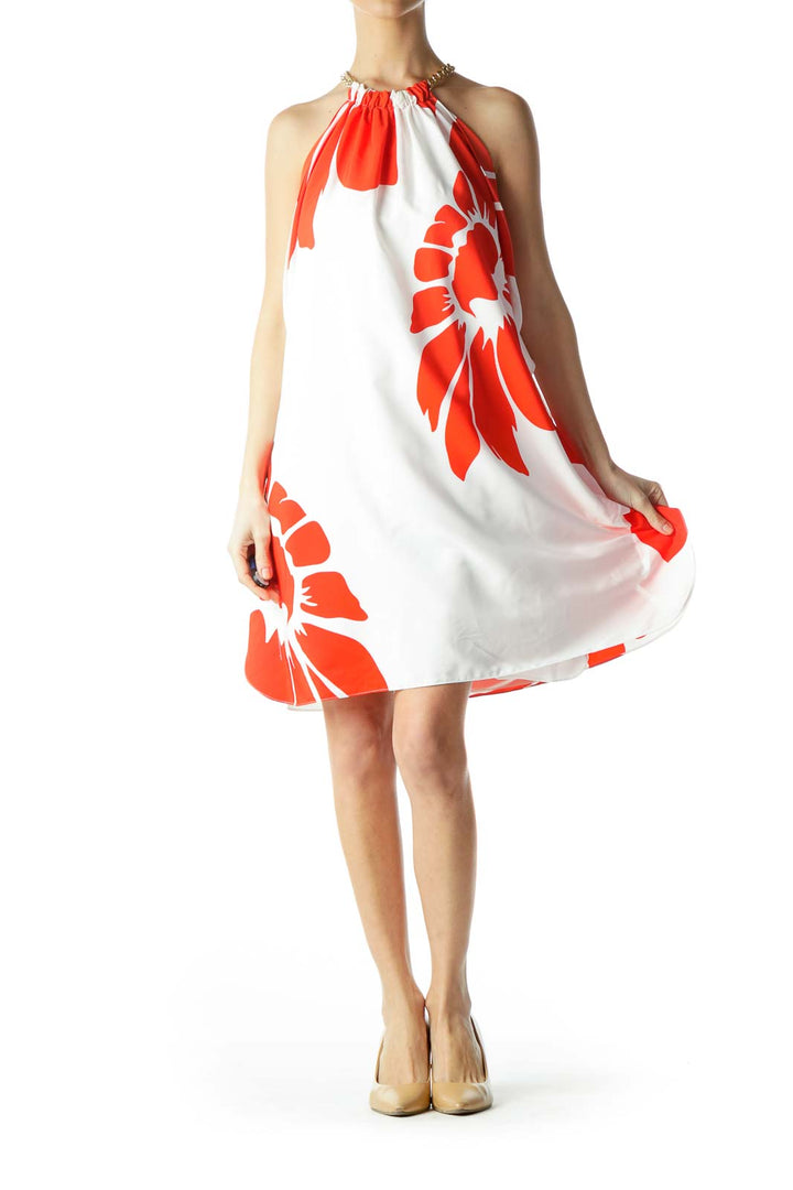 Cream Red Floral Print Gold Chain Strap Dress