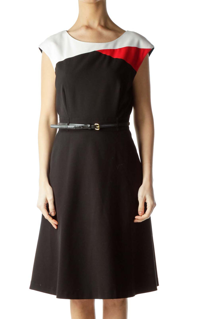 Black Red Color Block Belted Work Dress