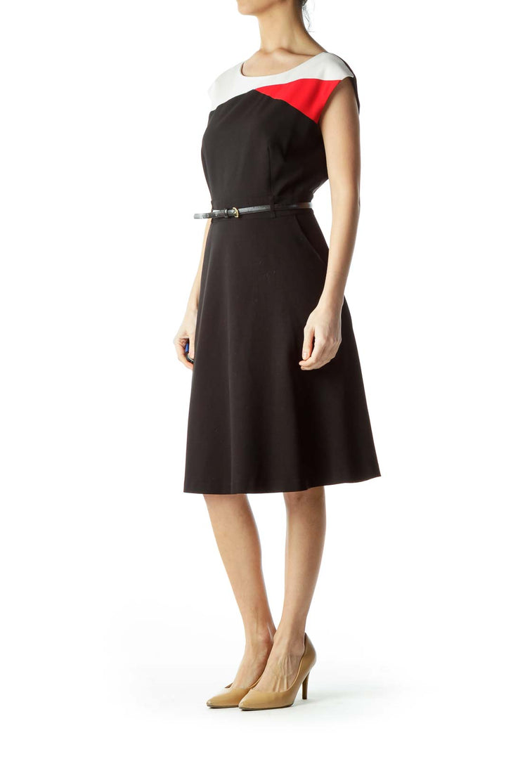 Black Red Color Block Belted Work Dress