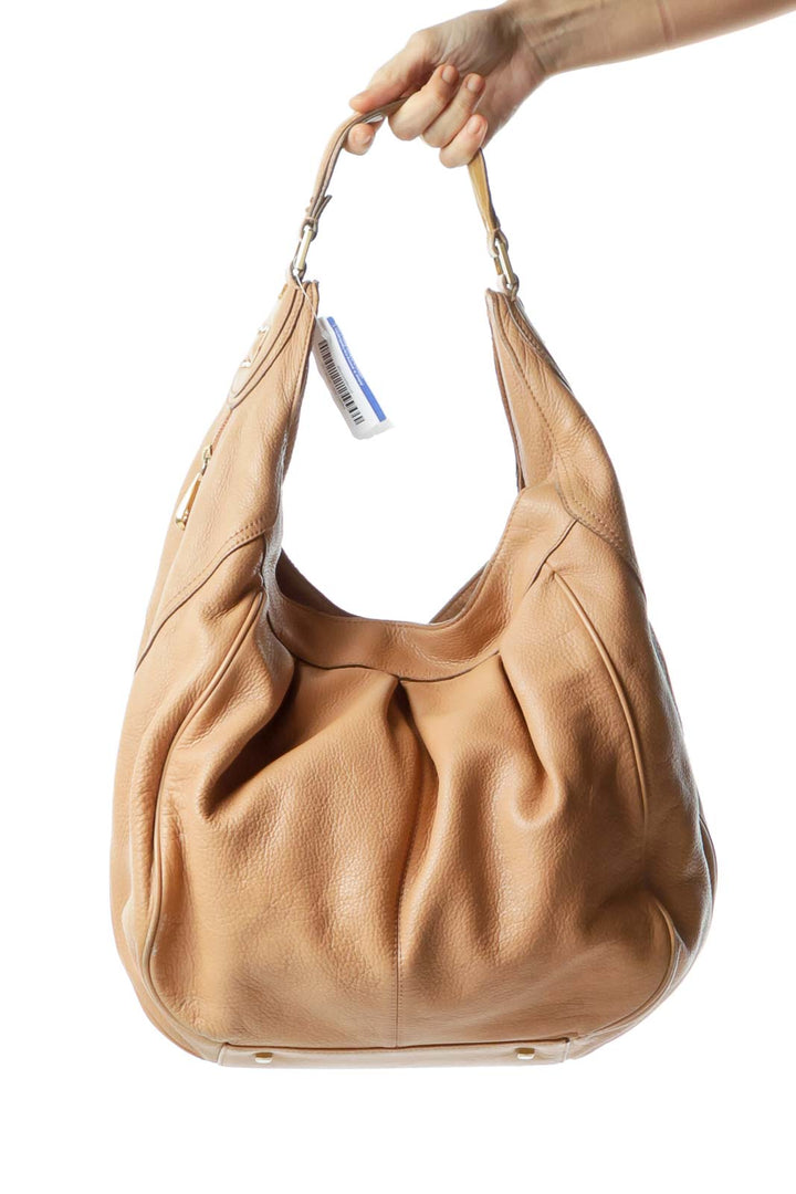 Beige Zipper Detailed Shoulder Bag