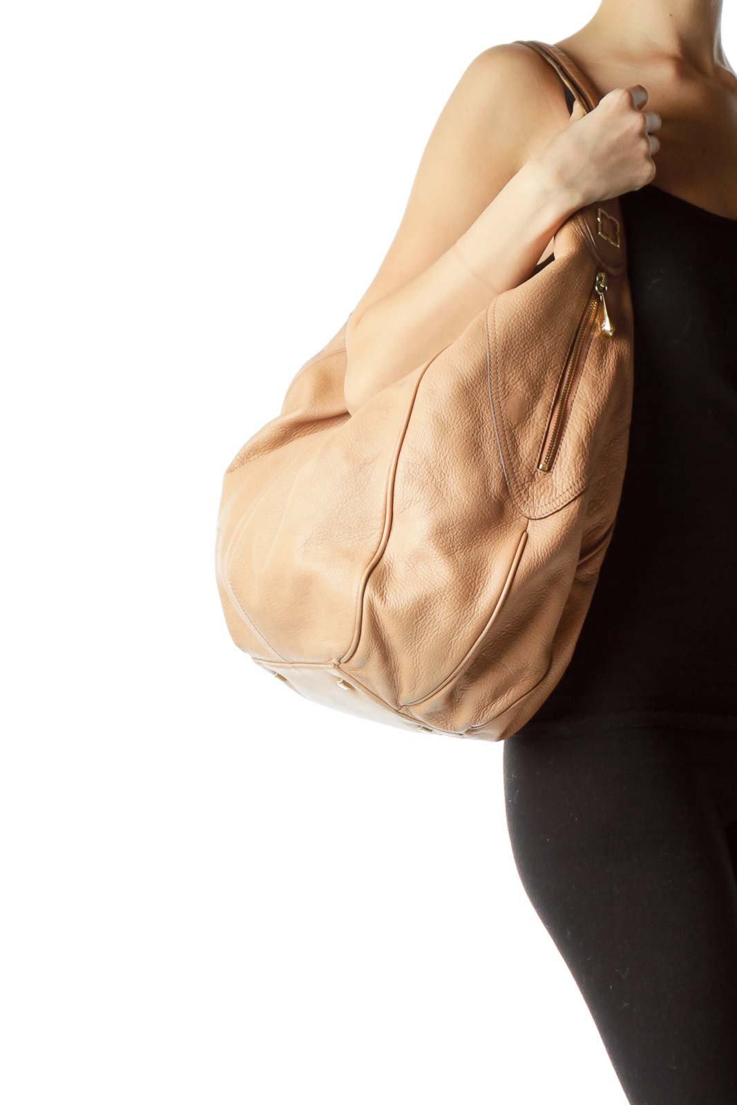 Beige Zipper Detailed Shoulder Bag