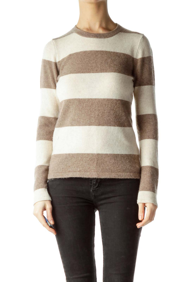 Brown Beige Striped 100% Cashmere Sweater