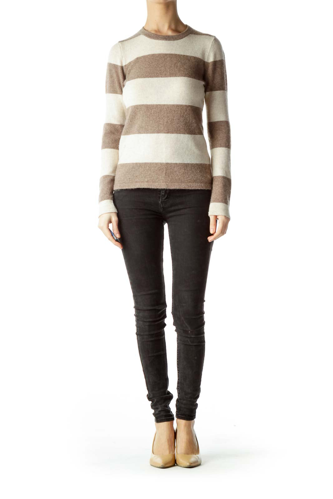 Brown Beige Striped 100% Cashmere Sweater