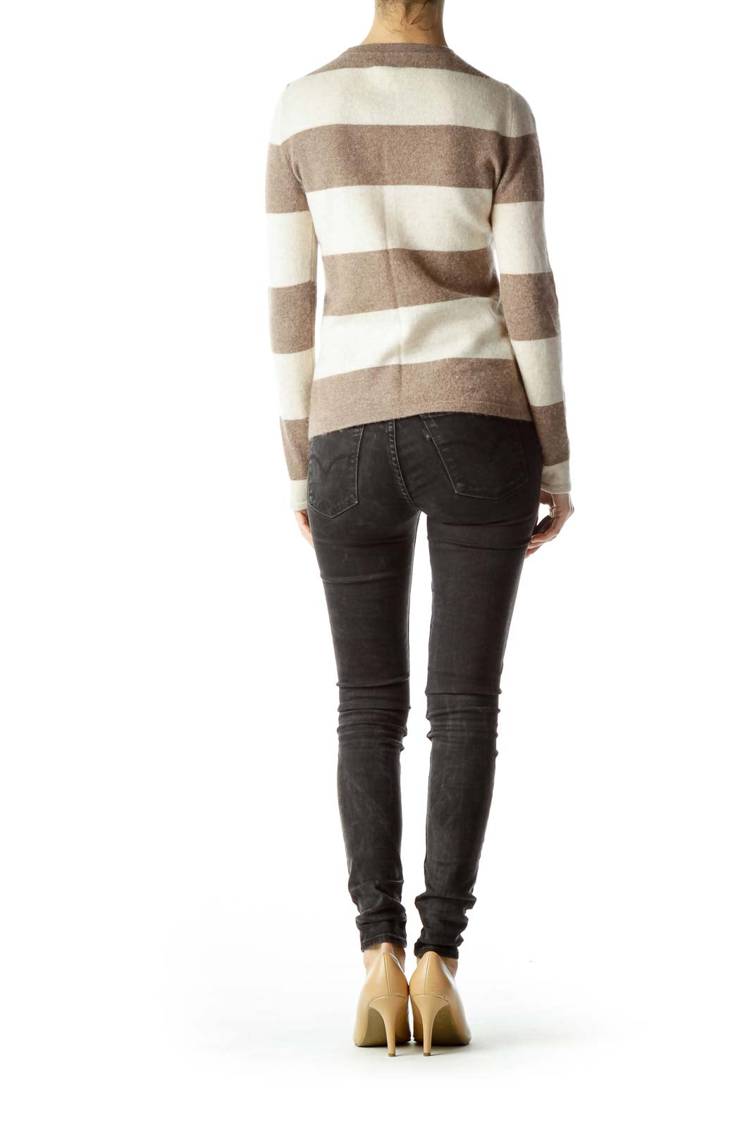 Brown Beige Striped 100% Cashmere Sweater