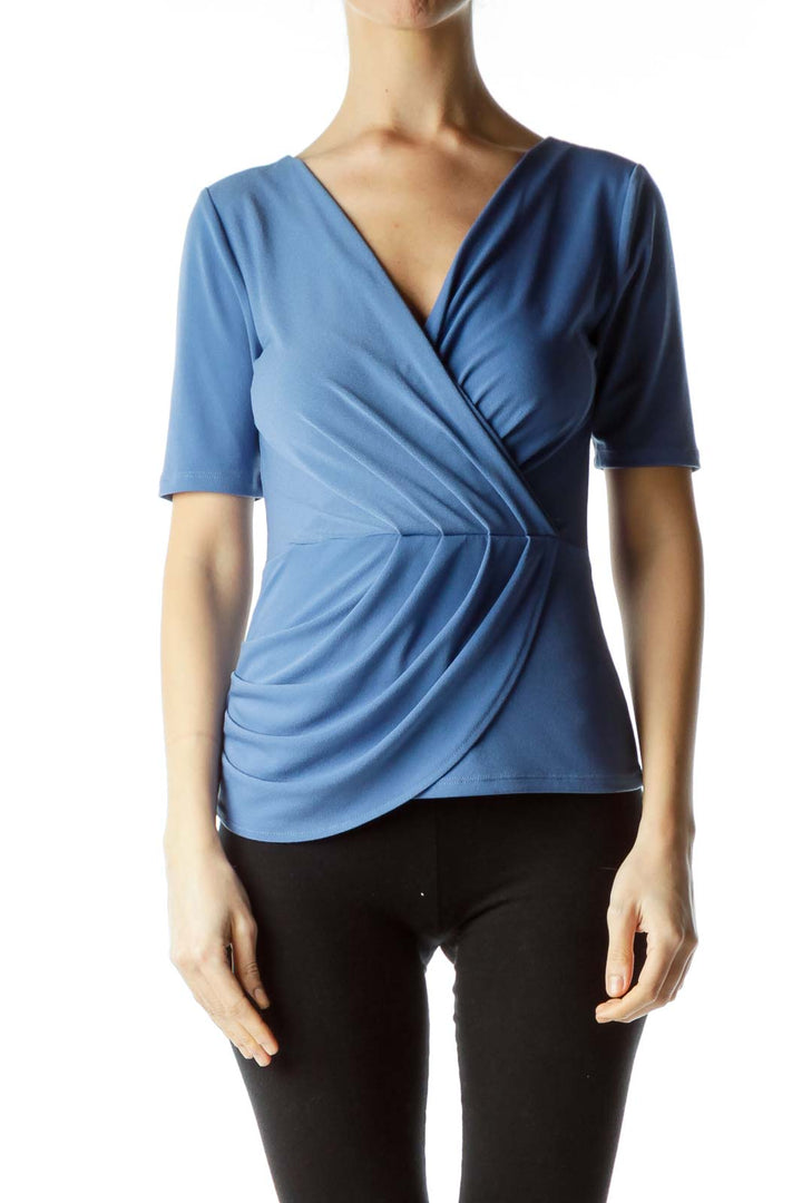 Blue Surplice Short Sleeve Blouse