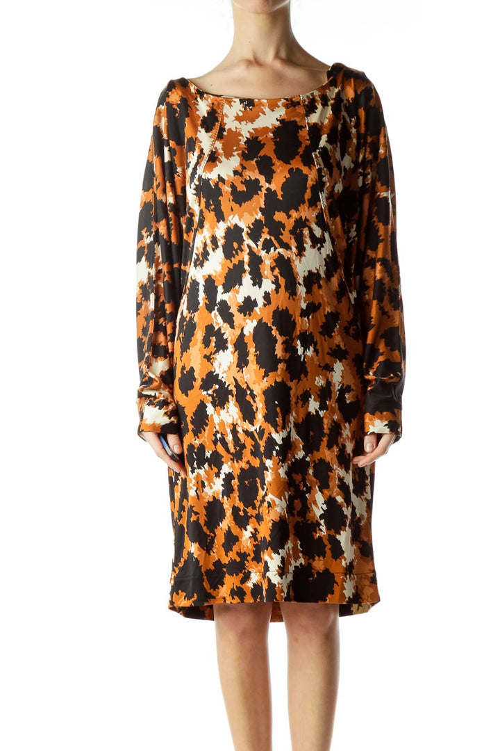 Brown Animal Print Silk Bat Sleeve Dress