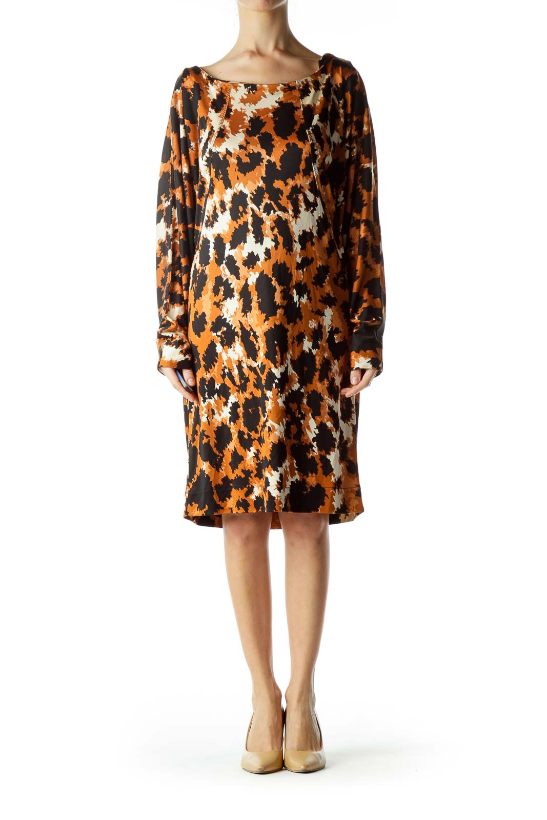 Brown Animal Print Silk Bat Sleeve Dress