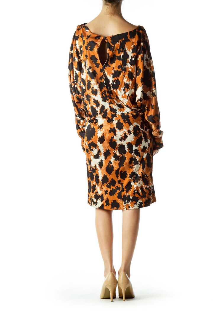 Brown Animal Print Silk Bat Sleeve Dress