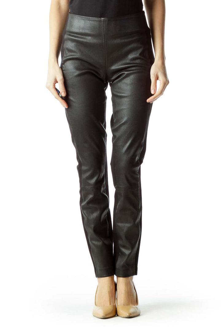 Black High-Waisted Front Leather Slim Pants