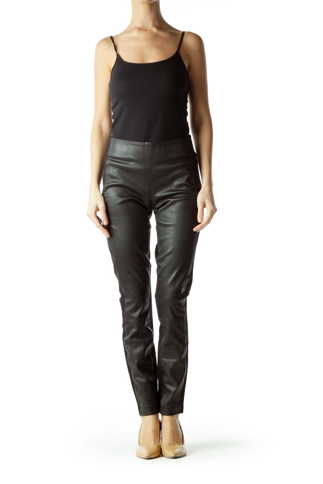 Black High-Waisted Front Leather Slim Pants