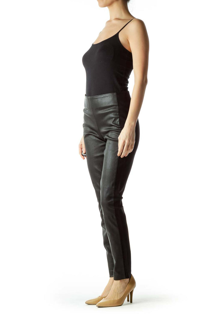 Black High-Waisted Front Leather Slim Pants