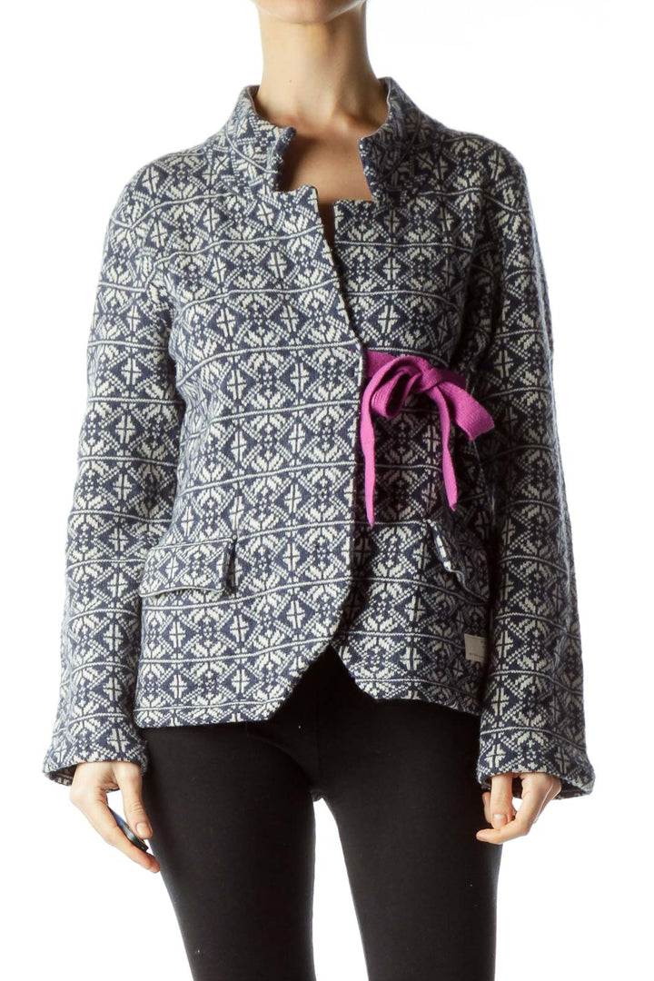 Navy Cream Pattern Knit Belted Jacket