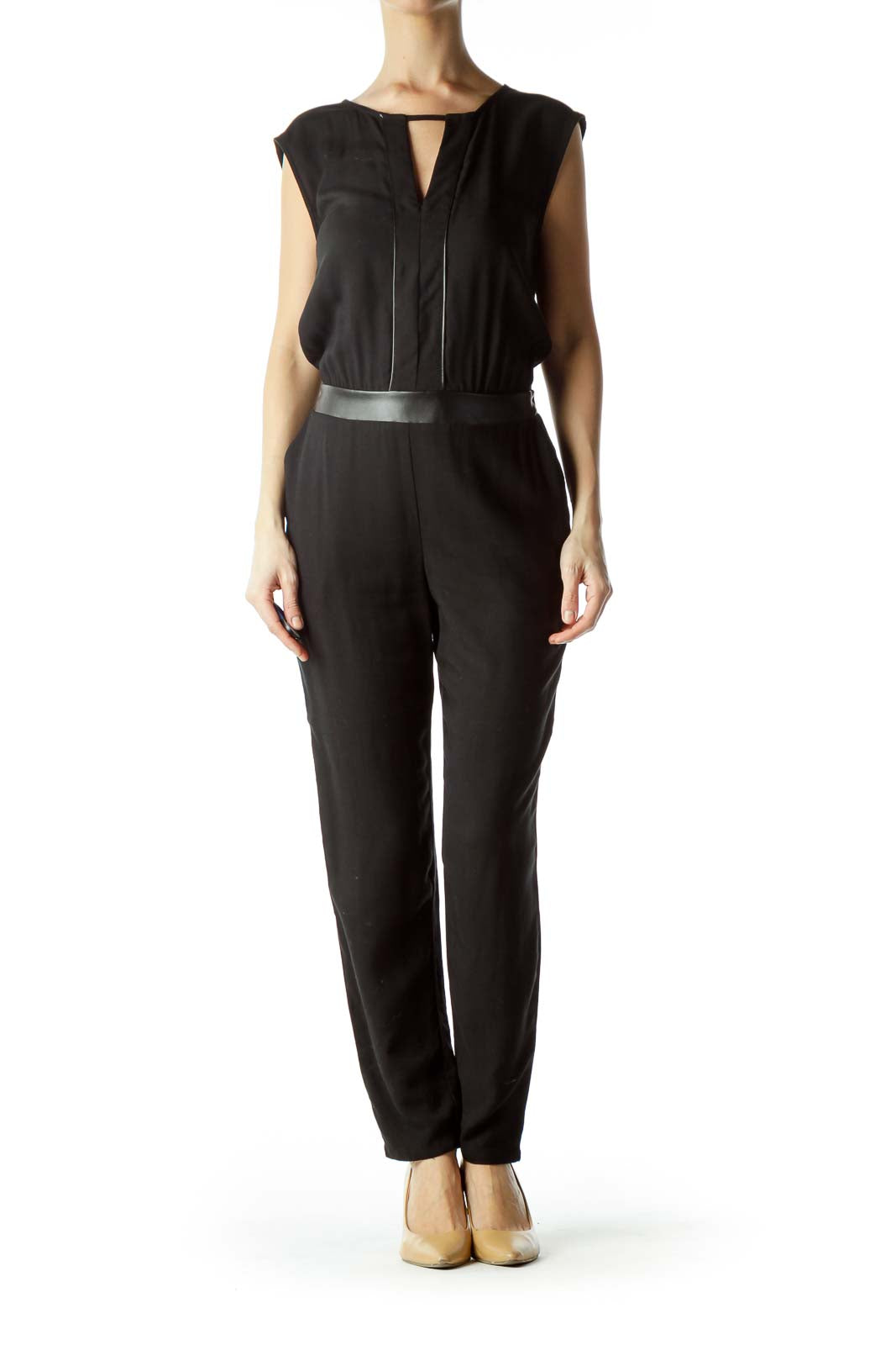 Black Sleeveless Jumpsuit with Leather Trim