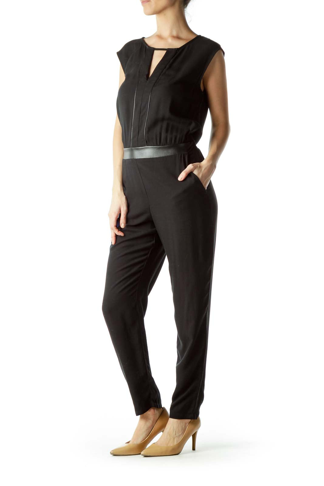 Black Sleeveless Jumpsuit with Leather Trim