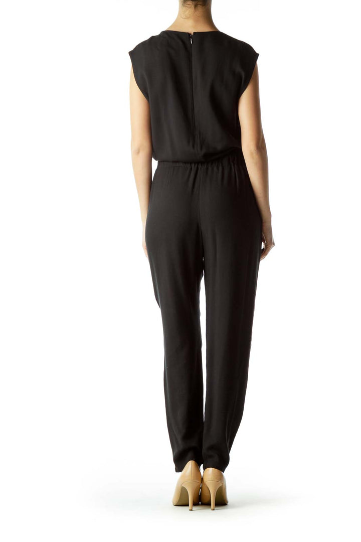 Black Sleeveless Jumpsuit with Leather Trim