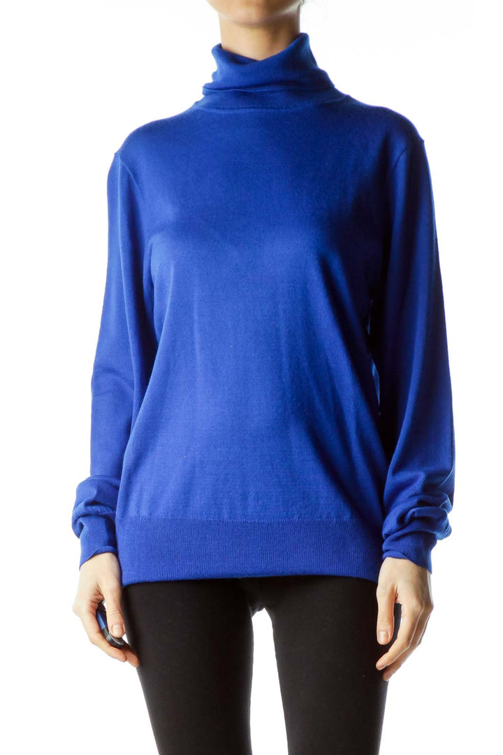 Blue Merino Wool Turtle Neck Knit Sweater