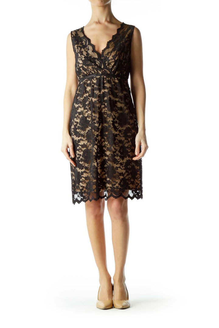 Black Lace Scalloped Empire Waist Dress