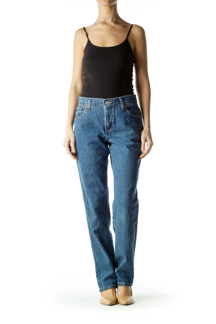 Blue Denim Straight-Leg Jeans