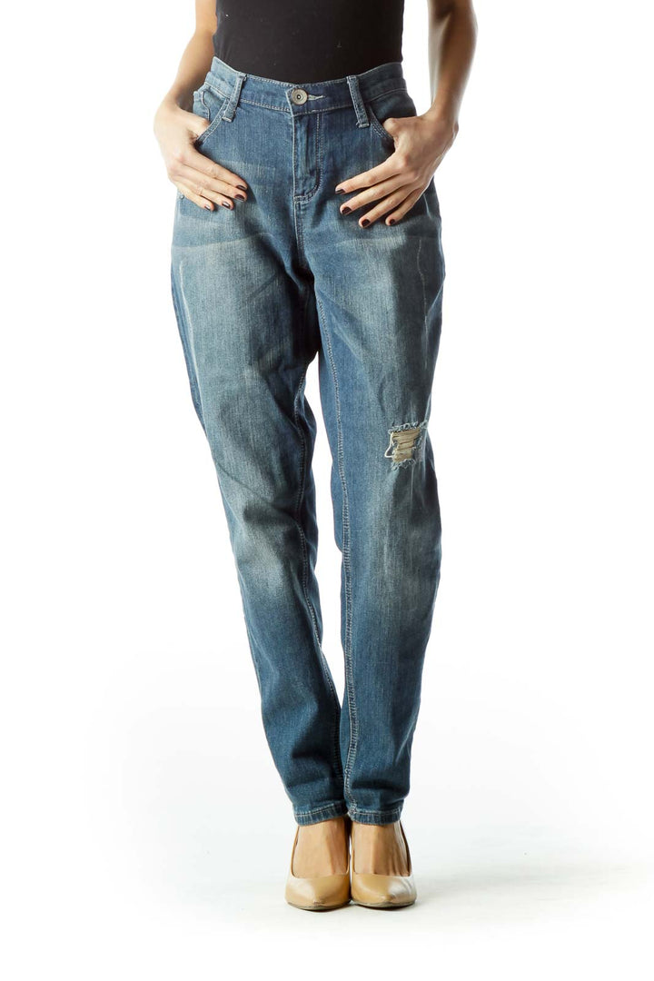 Blue Medium Wash Distressed Denim Jeans