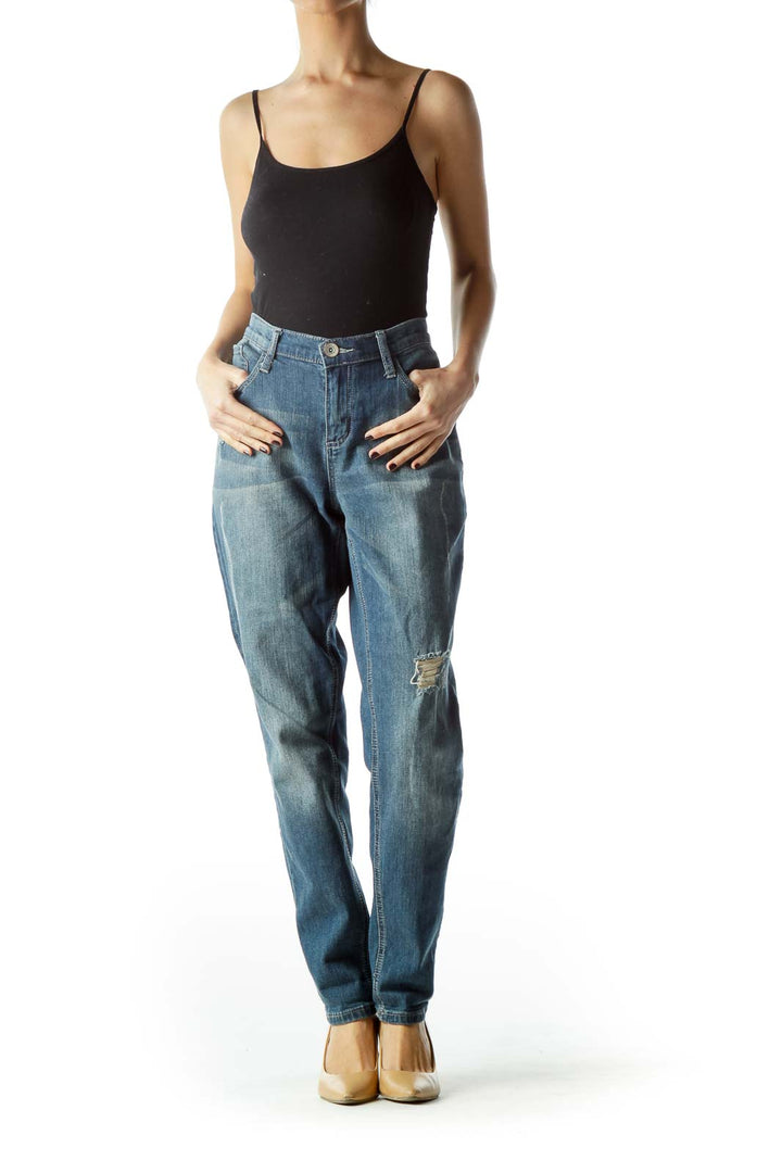 Blue Medium Wash Distressed Denim Jeans