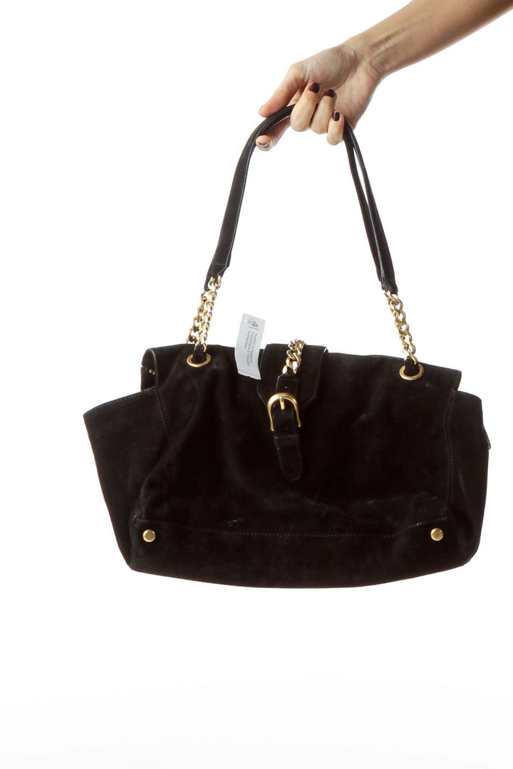 Black Suede Leather Bag with Metal Accents