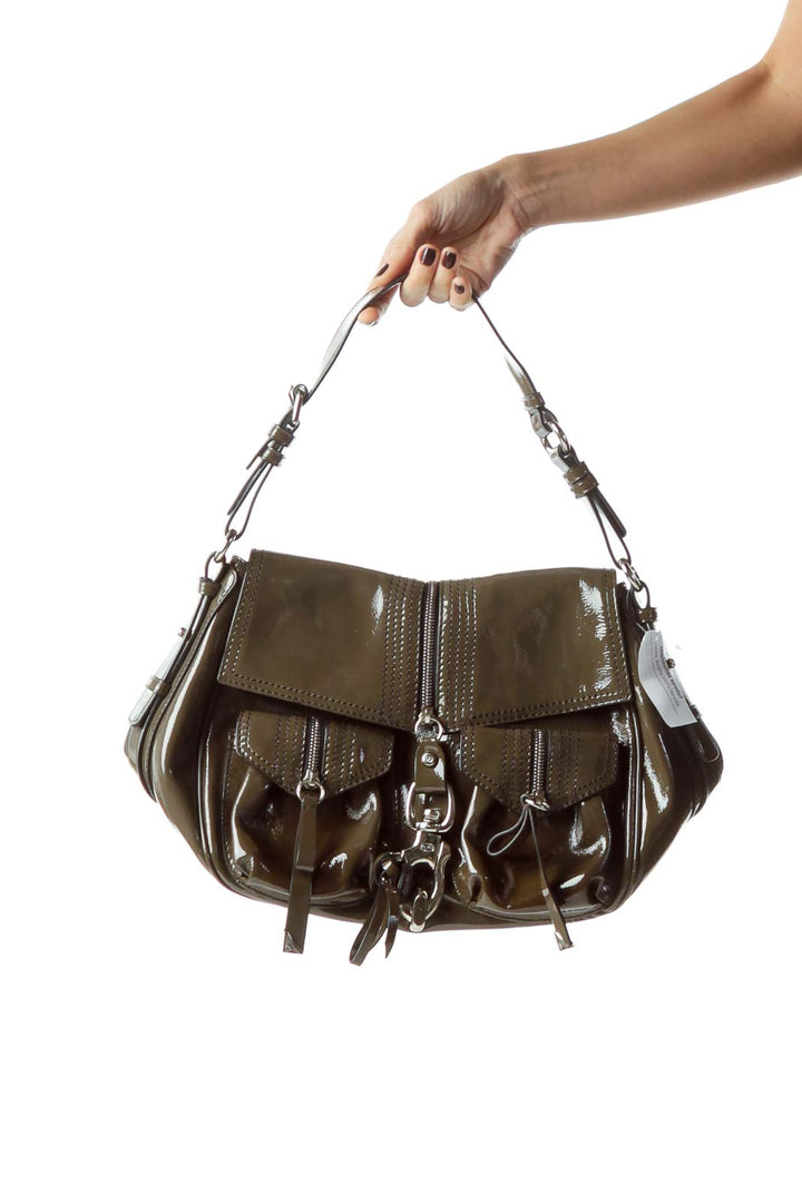 Gray Metal and Zipper Accents Leather Bag