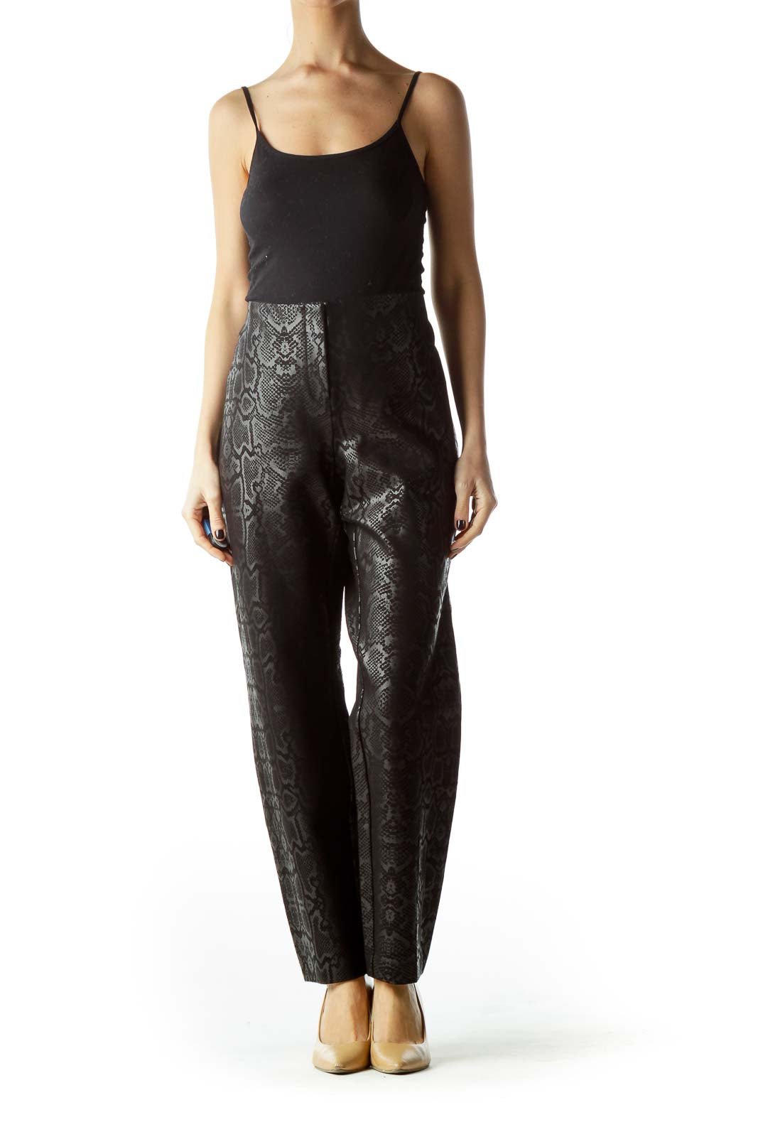 Black Gray Shiny Finish Snakeskin Print Pants