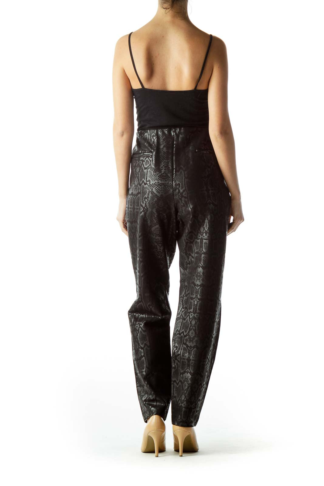 Black Gray Shiny Finish Snakeskin Print Pants