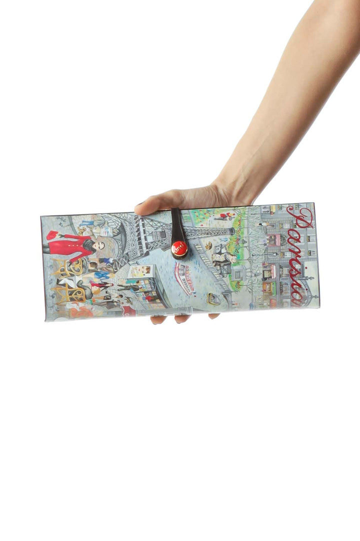 Multicolored Parisian Scene Printed Clutch