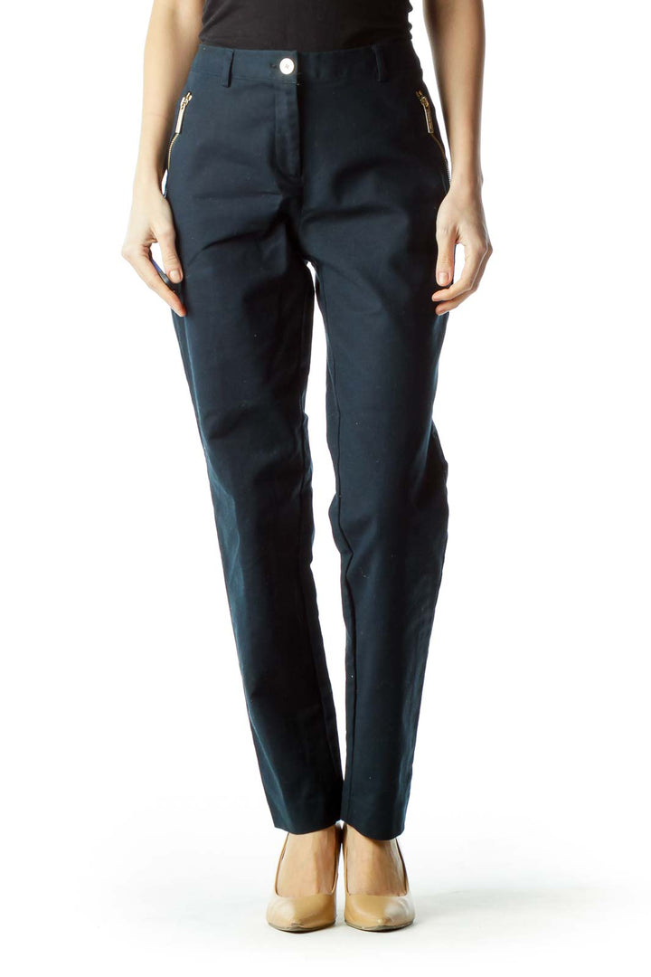 Navy Pants with Gold Zipper Pockets