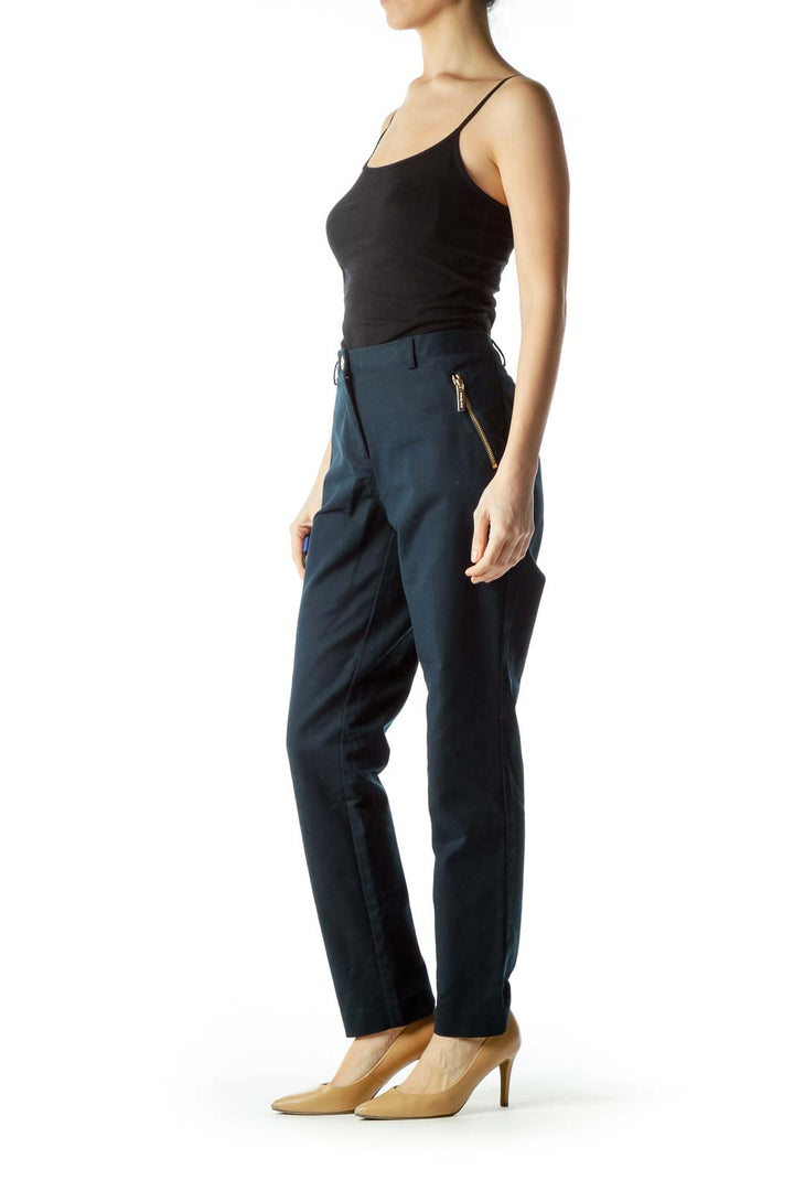 Navy Pants with Gold Zipper Pockets