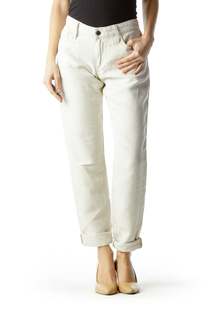 Beige Textured Cotton and Linen Pants