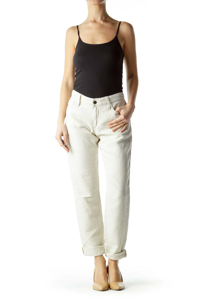 Beige Textured Cotton and Linen Pants