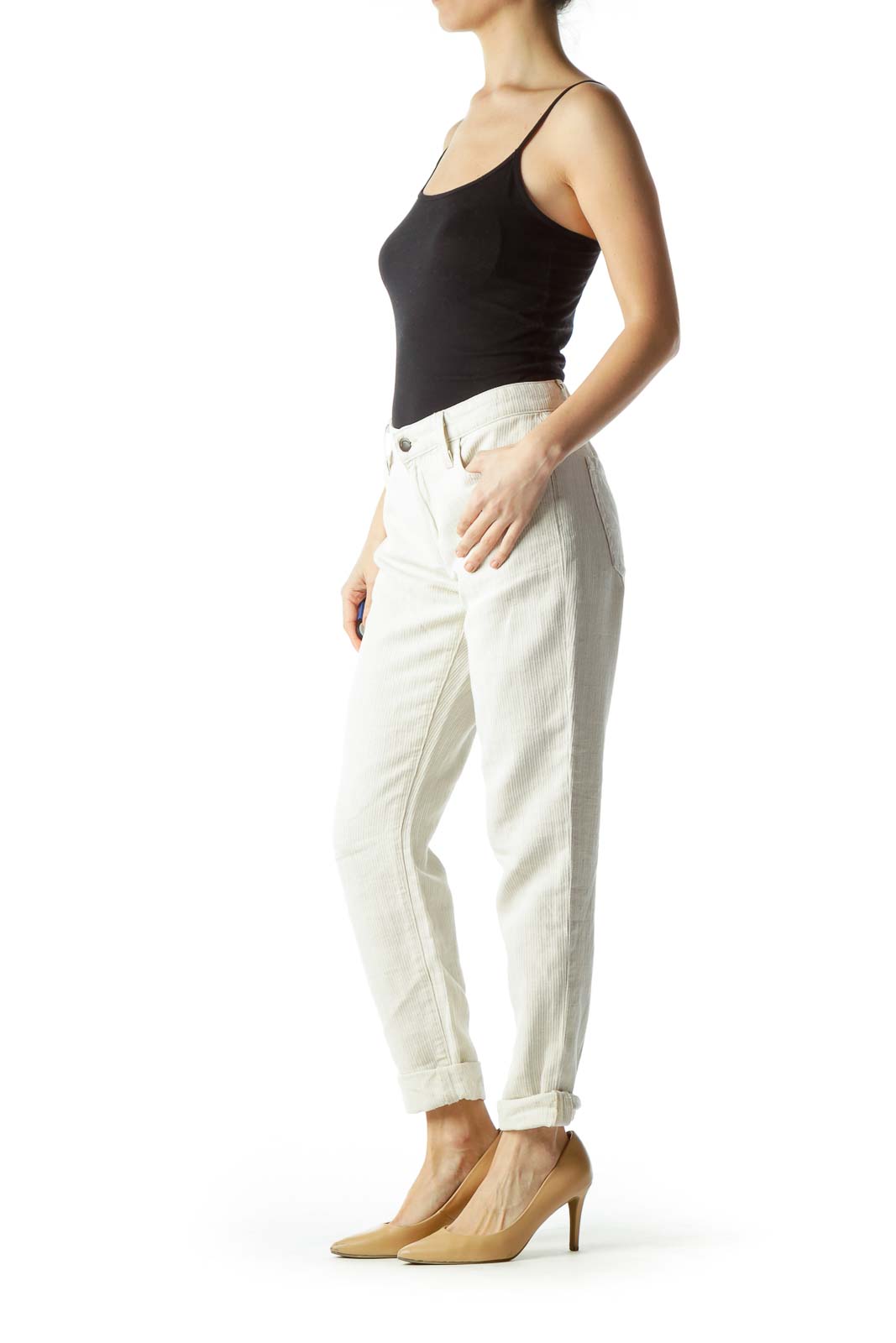 Beige Textured Cotton and Linen Pants