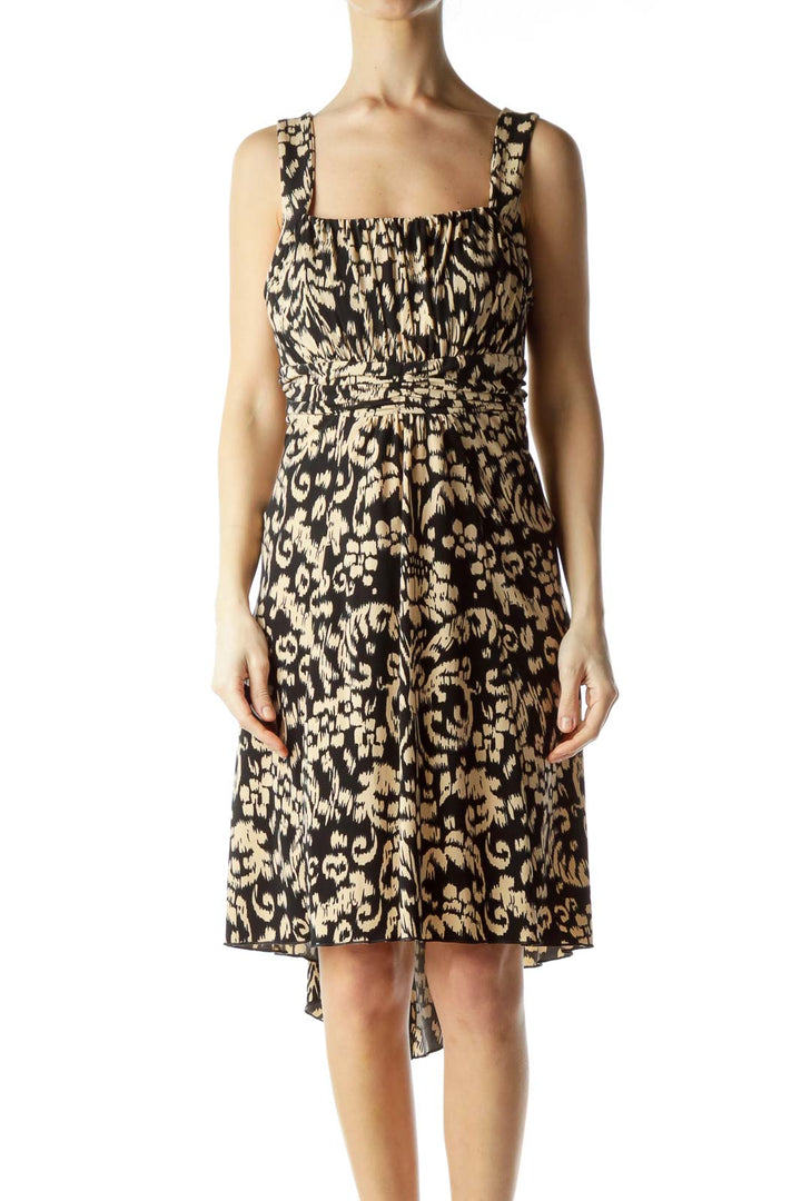 Black Beige Printed Elastic Day Dress