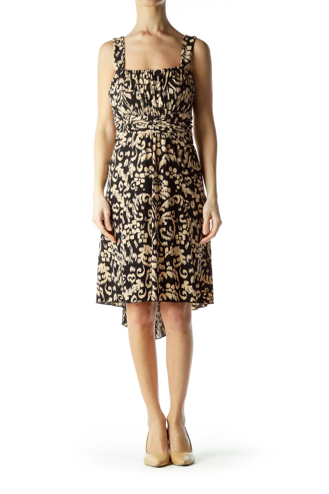 Black Beige Printed Elastic Day Dress