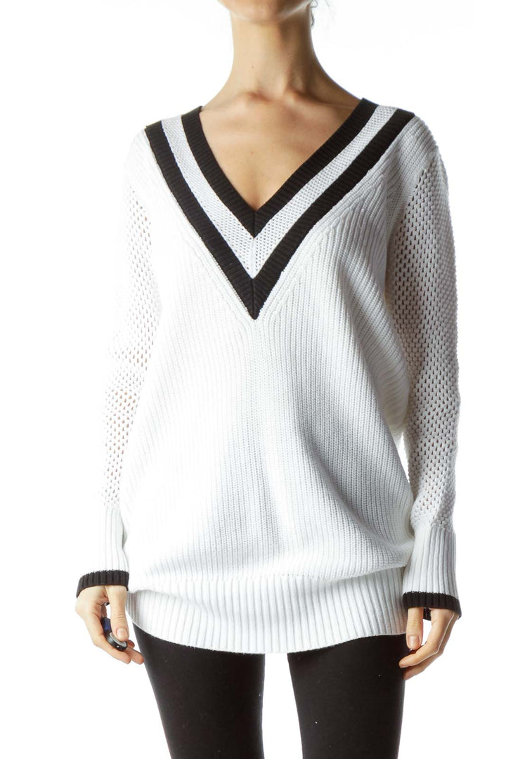 White Black V-neck Detail Long Sweater