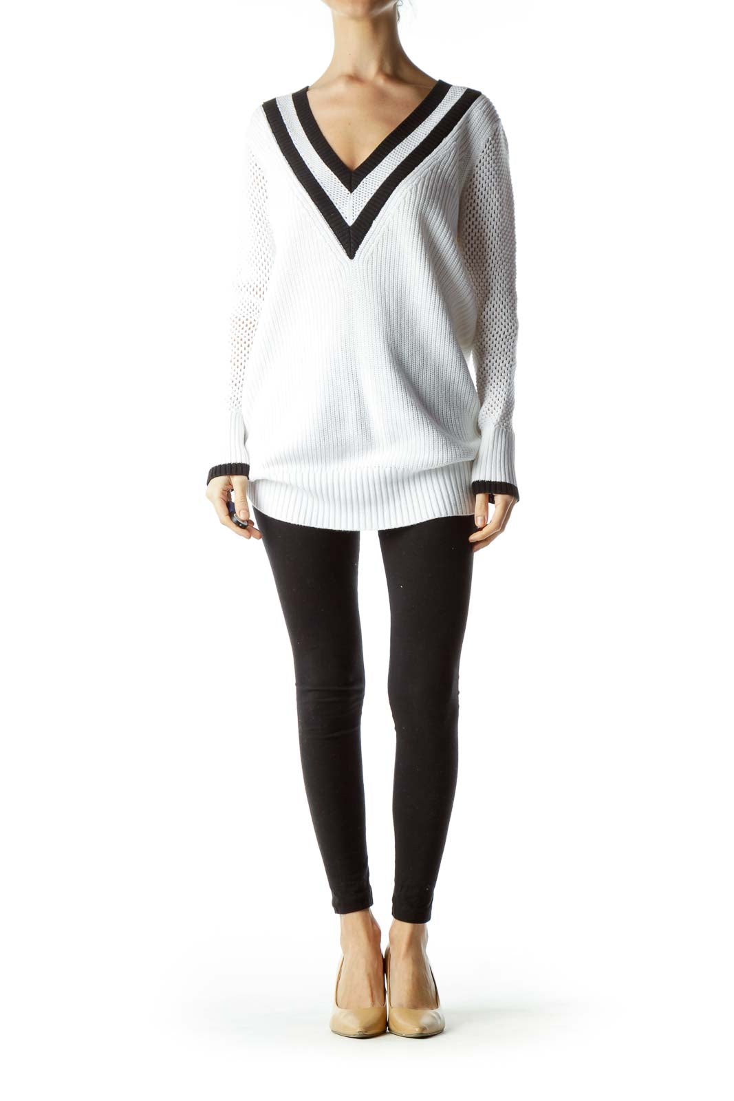 White Black V-neck Detail Long Sweater