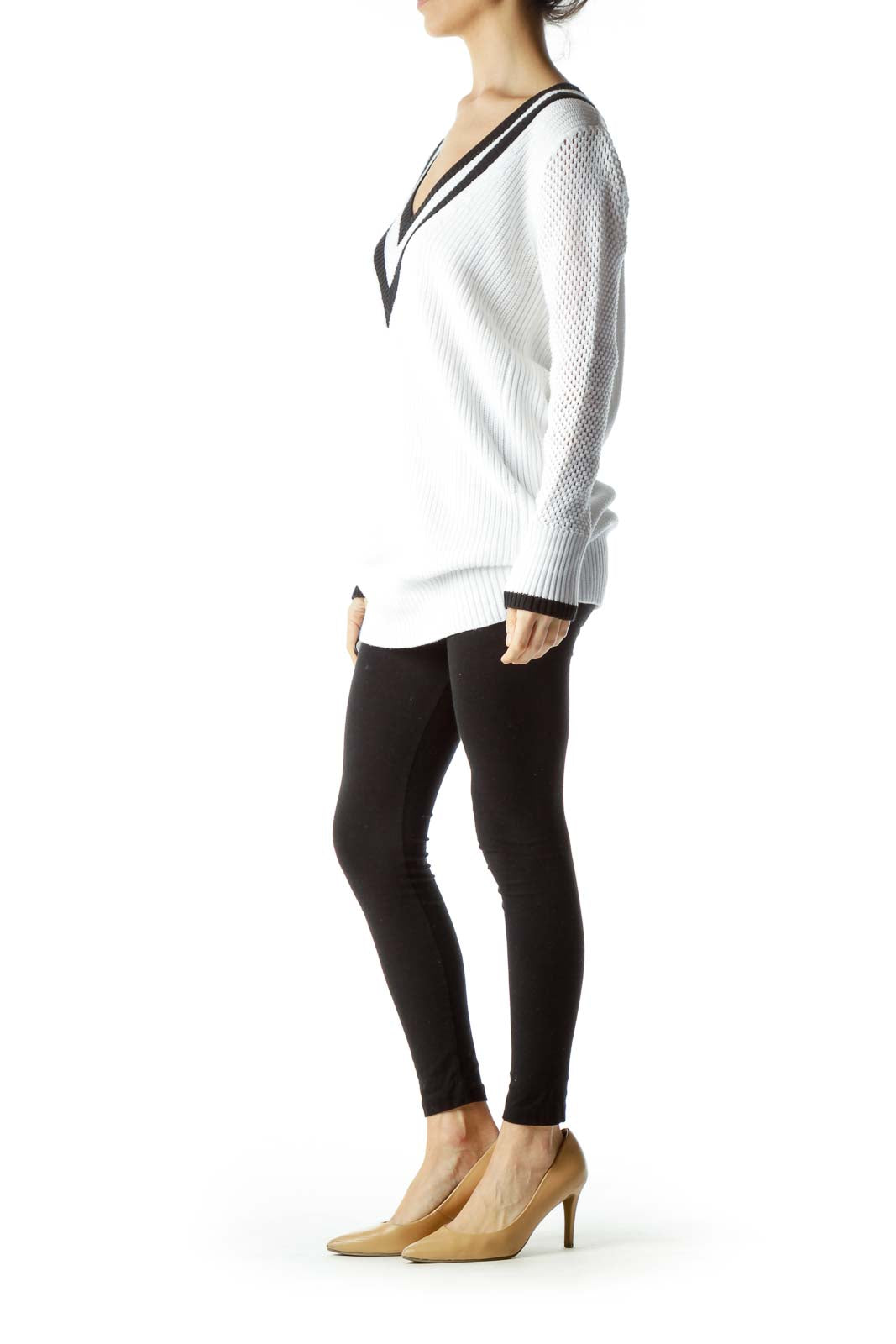 White Black V-neck Detail Long Sweater