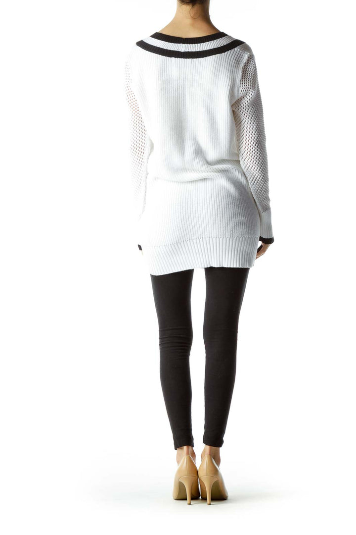 White Black V-neck Detail Long Sweater